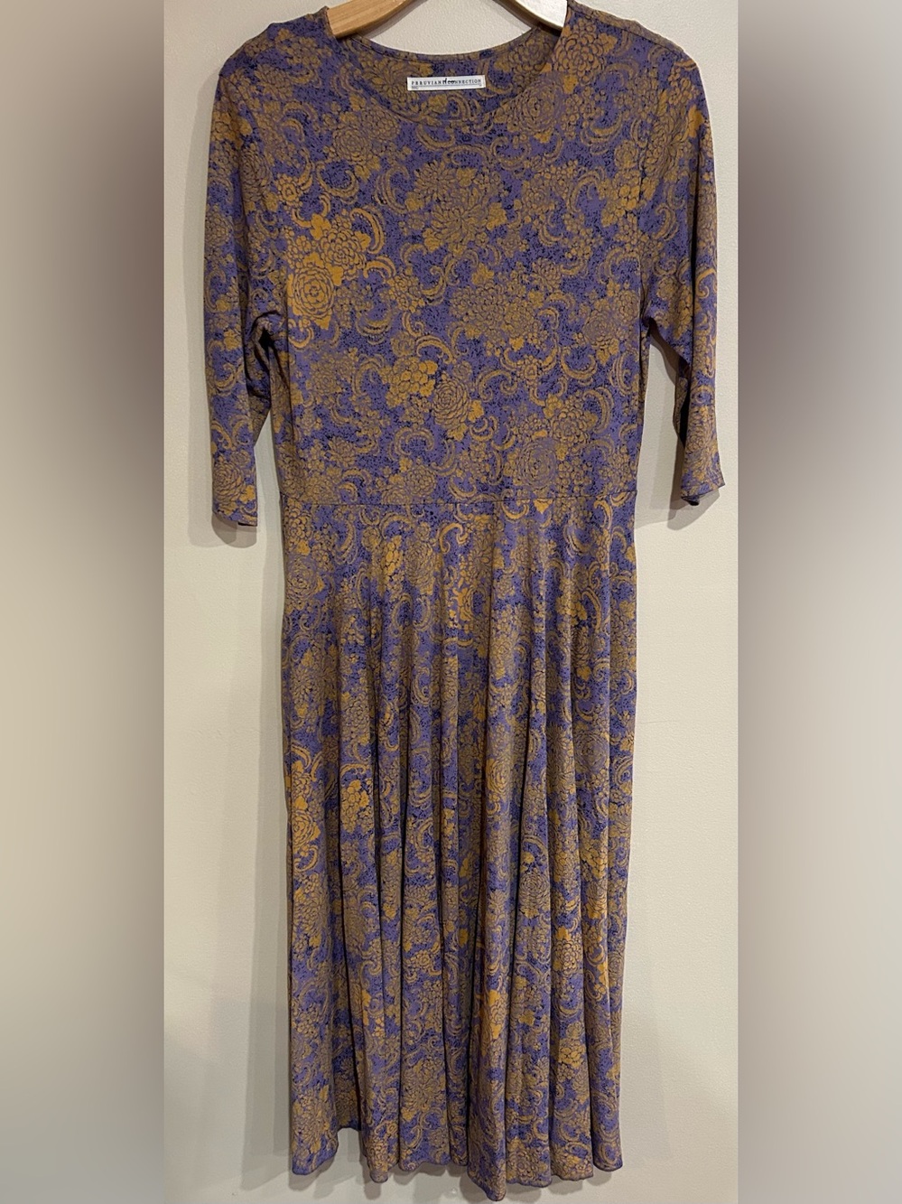 Peruvian Connection Twilight Filigree Purple Gold A-Line Midi Dress Size Medium